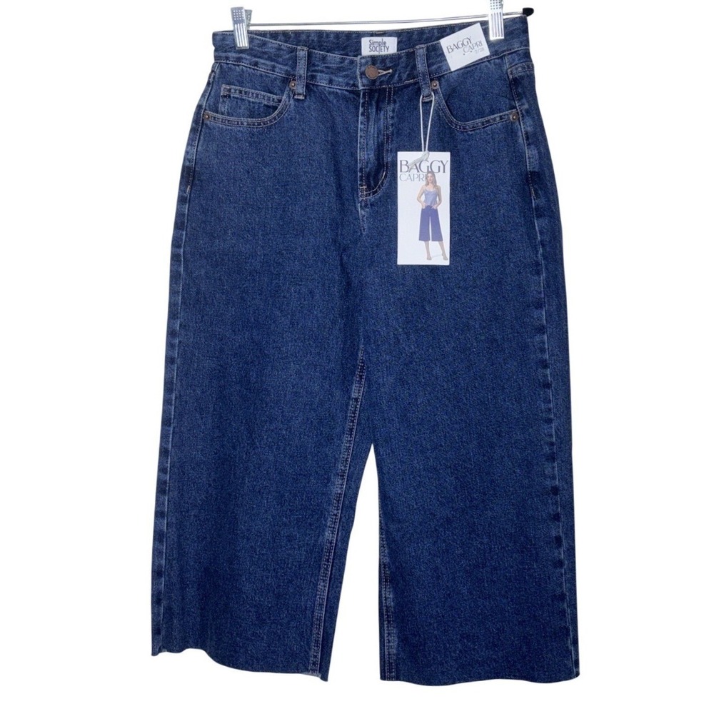 Simple Society Baggy Capri Jeans Dark Wash Wide Leg Raw Hem Size 7/28 NEW